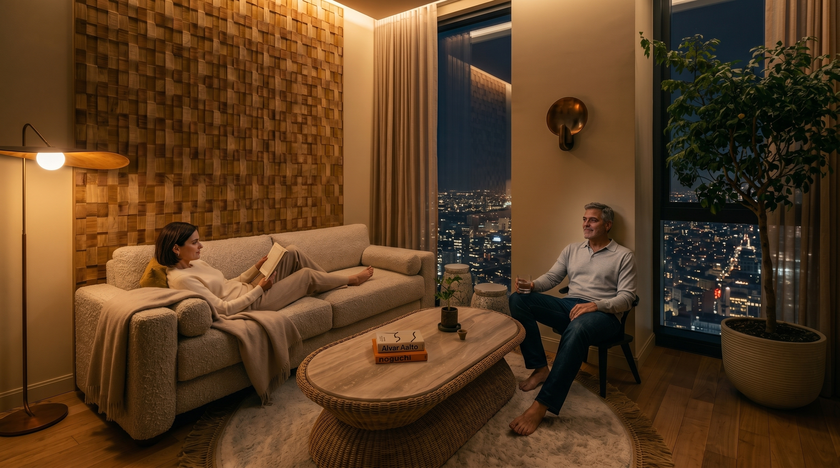 This sophisticated living room features a textured, woven wall accent and a plush, cream-colored sofa set against a backdrop of floor-to-ceiling windows with breathtaking city views. A unique, oval-shaped coffee table with a stone top and woven base sits atop a circular, fringed area rug, creating a cozy and curated atmosphere. The space is bathed in warm, natural light, highlighting the high-end finishes and modern, organic aesthetic.