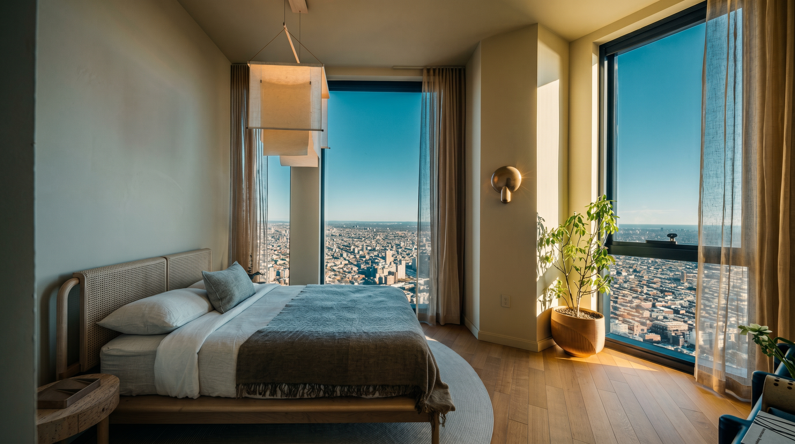 This sophisticated primary bedroom features a minimalist, organic aesthetic with a light wood bed frame, a textured cane headboard, and a neutral color palette. The room is anchored by a large circular rug and illuminated by a unique, layered pendant light, while floor-to-ceiling windows offer a breathtaking, expansive aerial view of the city skyline. The space feels serene and high-end, blending modern luxury with natural textures and abundant natural light.