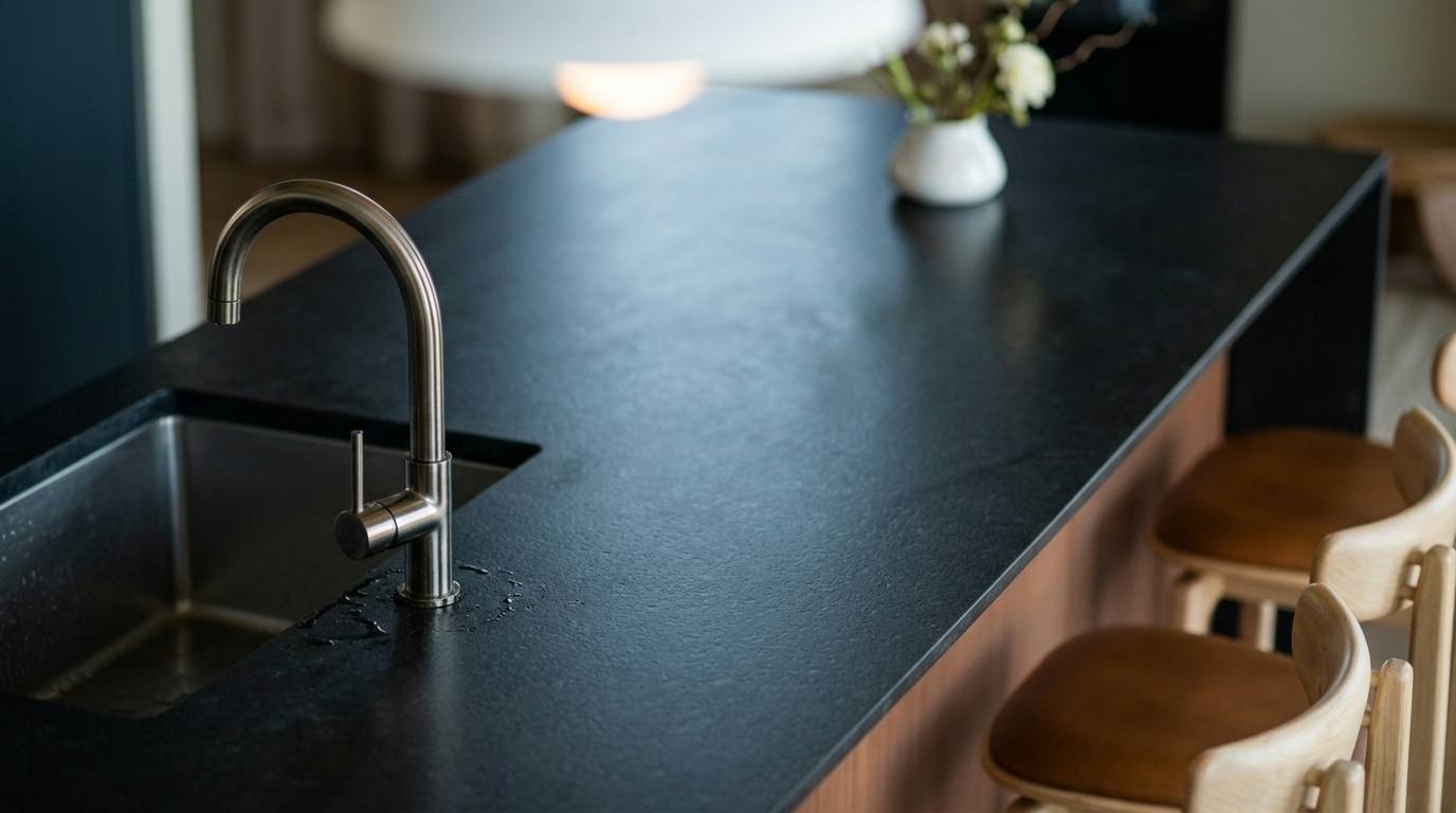 This sophisticated, modern kitchen features a sleek dark-toned island with leather-upholstered bar stools and a contrasting wood-paneled base. The cabinetry is a mix of matte dark grey and white, complemented by integrated appliances and a mirrored backsplash that reflects the city view. The open-concept layout flows seamlessly into a dining area, creating a bright, airy, and high-end living space.