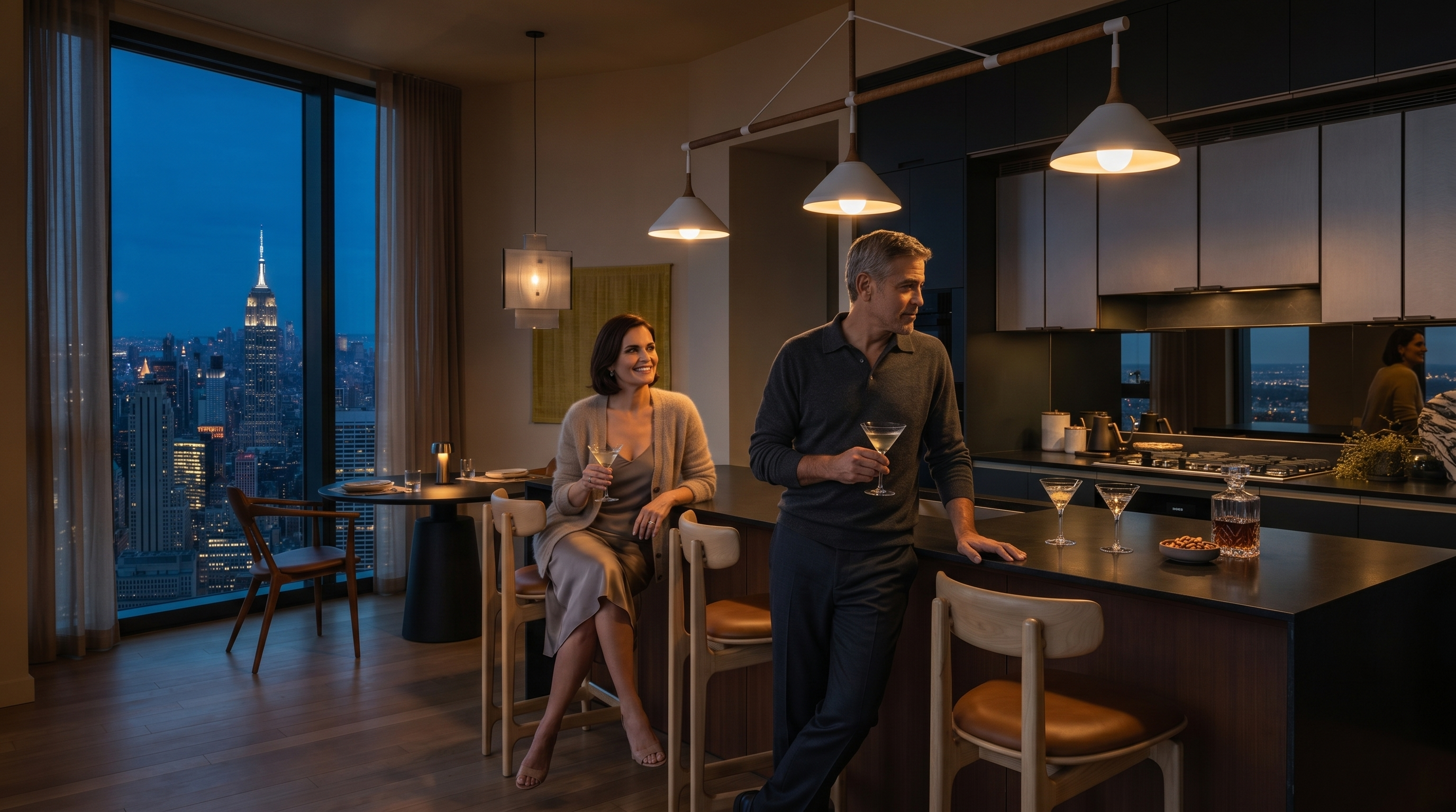 This sophisticated, modern kitchen features a sleek dark-toned island with leather-upholstered bar stools and a contrasting wood-paneled base. The cabinetry is a mix of matte dark grey and white, complemented by integrated appliances and a mirrored backsplash that reflects the city view. The open-concept layout flows seamlessly into a dining area, creating a bright, airy, and high-end living space.