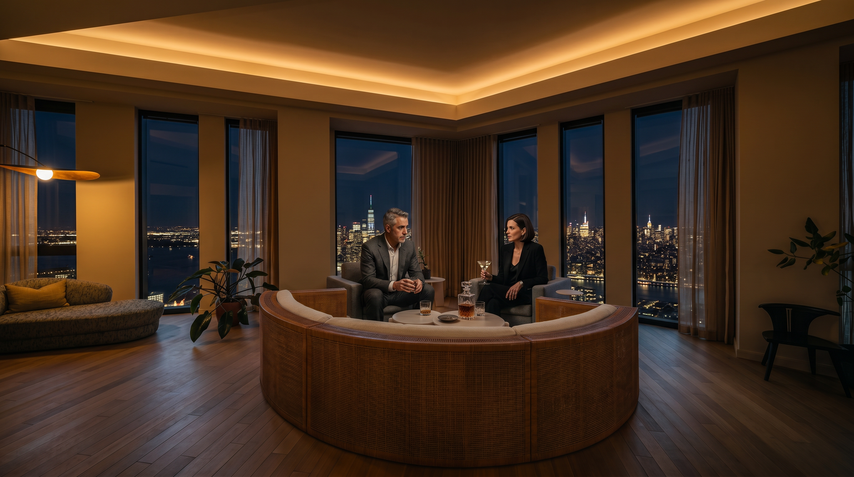 This expansive, high-floor living room features a sophisticated, open-concept layout defined by a striking curved rattan sofa that anchors the space. Floor-to-ceiling windows wrap around the room, offering breathtaking, panoramic views of the New York City skyline and the Hudson River. The interior design is minimalist and elegant, utilizing warm wood flooring and neutral tones to complement the dramatic urban backdrop.
