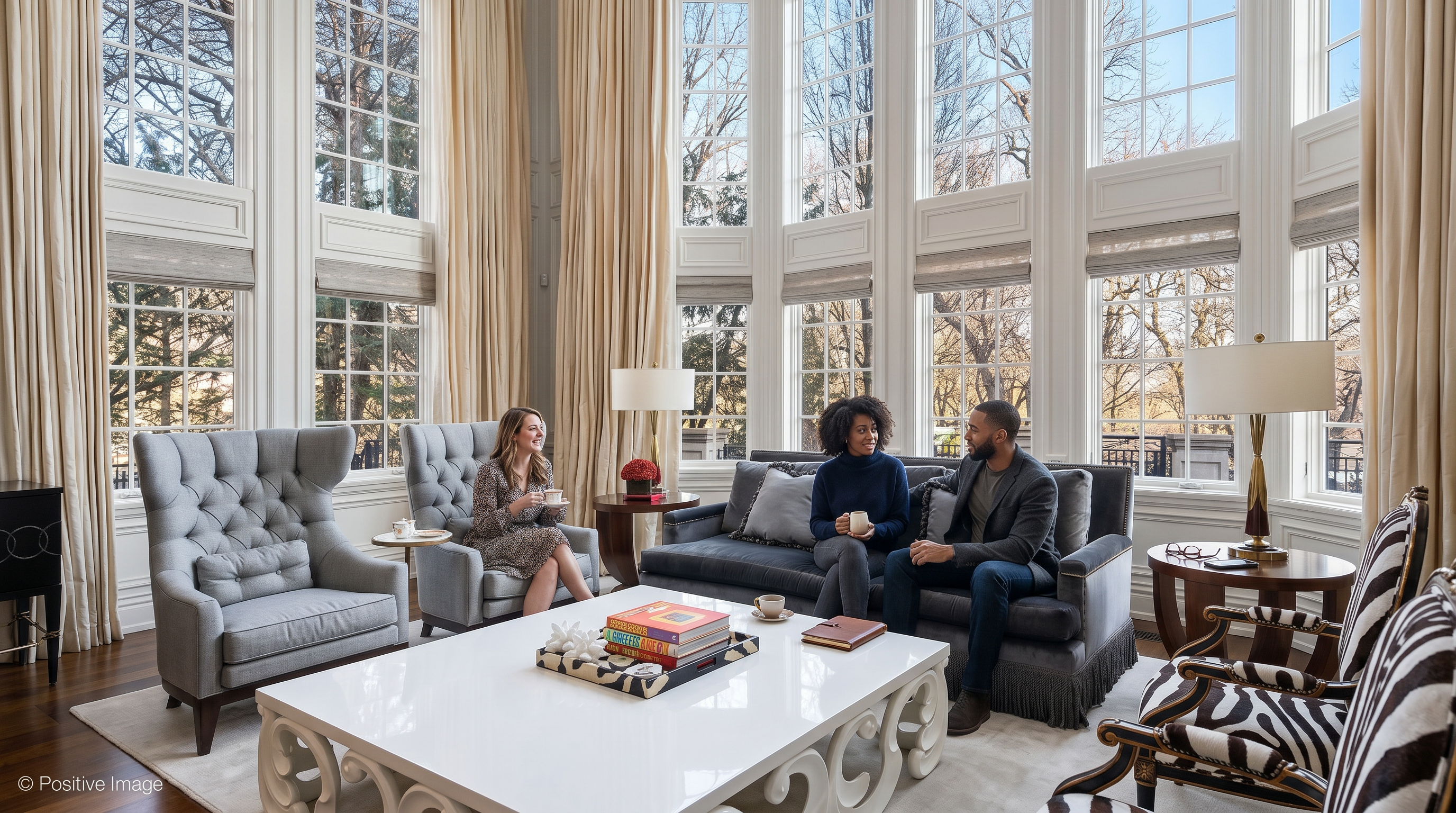 This elegant and spacious living room features massive, floor-to-ceiling multi-paned windows that flood the area with natural light, creating a bright and airy atmosphere. The sophisticated interior design includes luxurious upholstered seating, a polished white coffee table with decorative accessories, and high-quality drapery that accentuates the lofty ceilings. The room offers a refined gathering space, blending classic architectural details with comfortable, modern furnishings perfect for upscale entertaining.