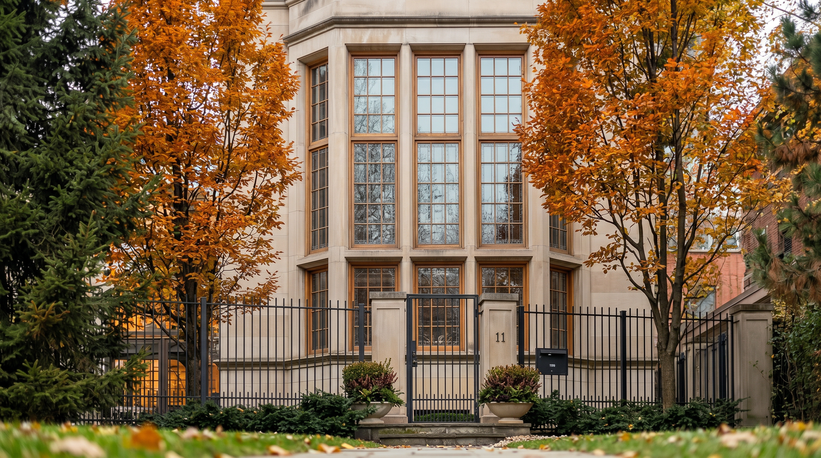 This stunning residence features a sophisticated limestone facade with a prominent multi-pane bay window structure that adds architectural grandeur. The home is elegantly framed by mature autumn trees and a classic black wrought-iron fence, creating a private and prestigious gated-entry feel. A house number '11' is clearly mounted next to the entryway gate, further emphasizing the refined and stately nature of this property.