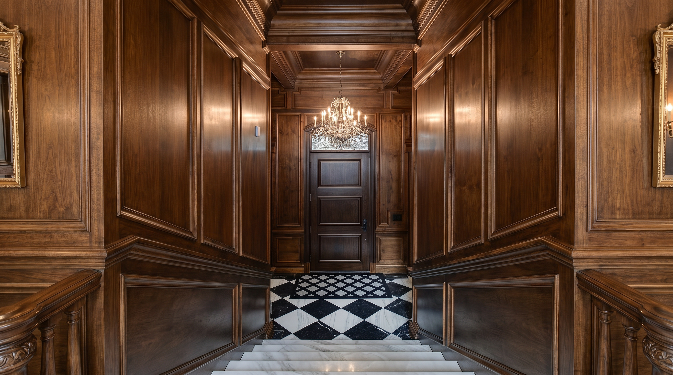 This grand hallway features exquisite dark wood wall paneling and a dramatic set of white marble stairs leading to a stately dark wood door. A sophisticated crystal chandelier hangs overhead, casting a warm glow, while the floor displays a classic black and white marble checkerboard pattern with a decorative border. The architectural detailing and rich, dark wood finishes throughout create an opulent and highly refined entryway.