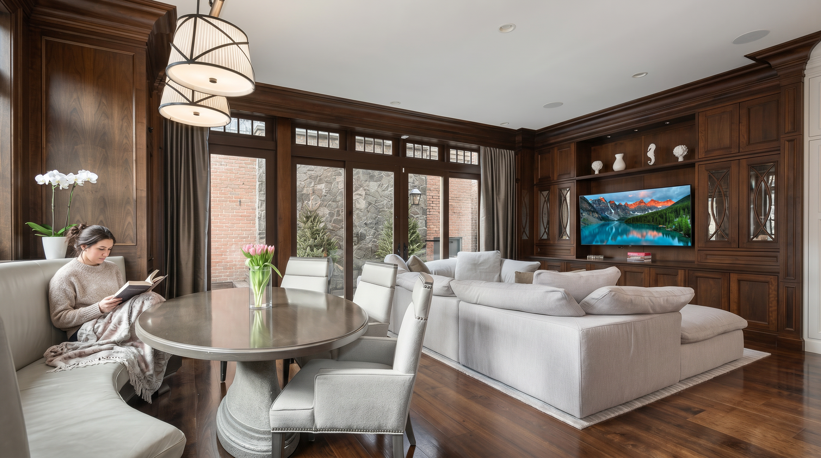 This elegant, open-concept living space features rich, dark wood wall paneling and custom built-in cabinetry surrounding a mounted television. The room includes a cozy dining area with a round table and built-in banquette seating, as well as a large, plush grey sectional sofa. The sophisticated design creates a warm and inviting atmosphere, seamlessly blending relaxation and dining functions.
