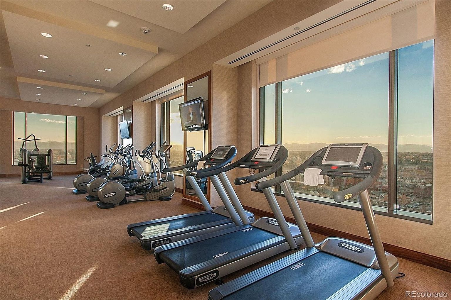 This is an interior shot of a well-equipped home gym featuring several treadmills and elliptical machines. Large windows offer a scenic view, enhancing the workout experience. The room is carpeted and has a neutral color scheme, creating a clean and inviting atmosphere for fitness activities.