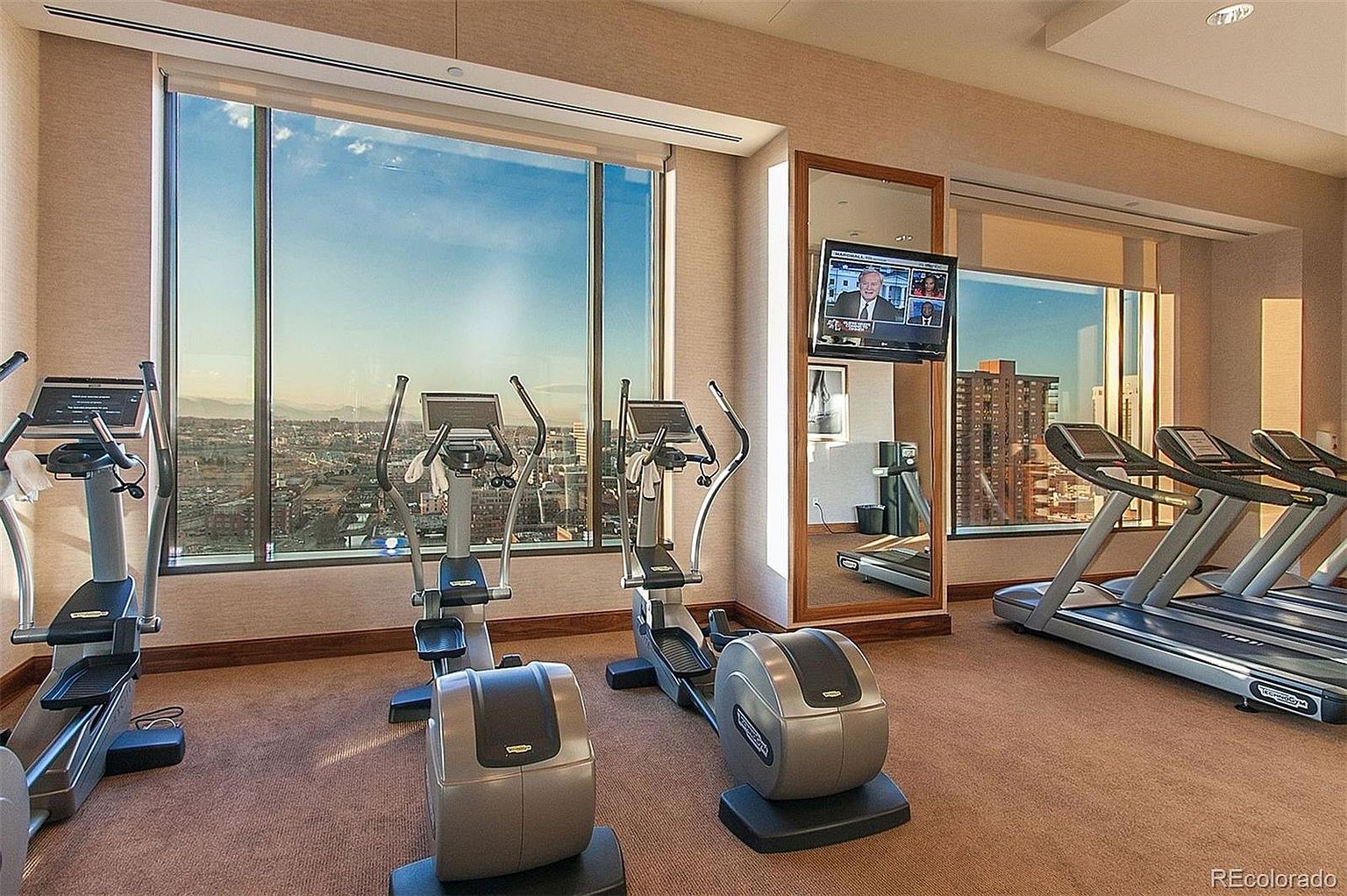 This is an interior shot of a well-equipped home gym. The room features large windows offering city views, several elliptical machines, and treadmills. A television is mounted on the wall, and the overall impression is one of a modern and upscale fitness space.