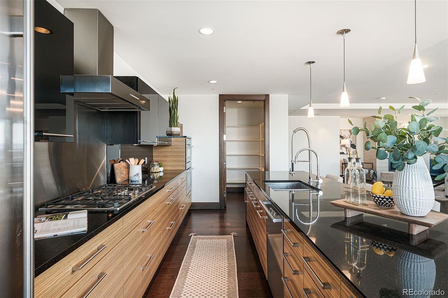 This is a modern kitchen with sleek, flat-panel wood cabinetry and black countertops. Stainless steel appliances and a minimalist range hood add to the contemporary aesthetic. A long runner rug stretches between the two sides of the kitchen, leading to a pantry.