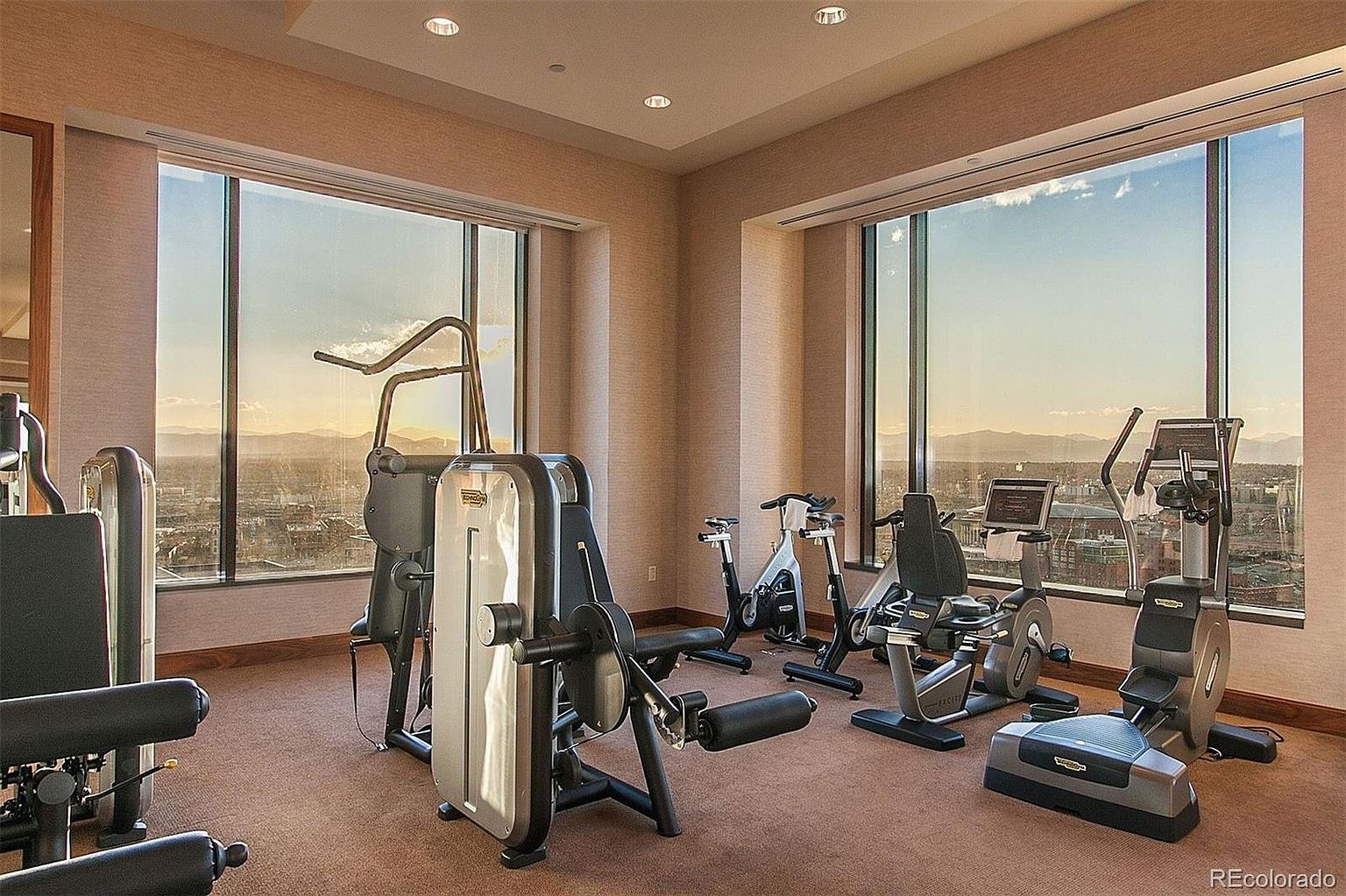 This is an interior shot of a home gym featuring various exercise machines, including weightlifting equipment, stationary bikes, and an elliptical trainer. Large windows offer a panoramic city view, enhancing the workout experience. The room is carpeted and well-lit, creating a clean and inviting atmosphere for fitness activities.