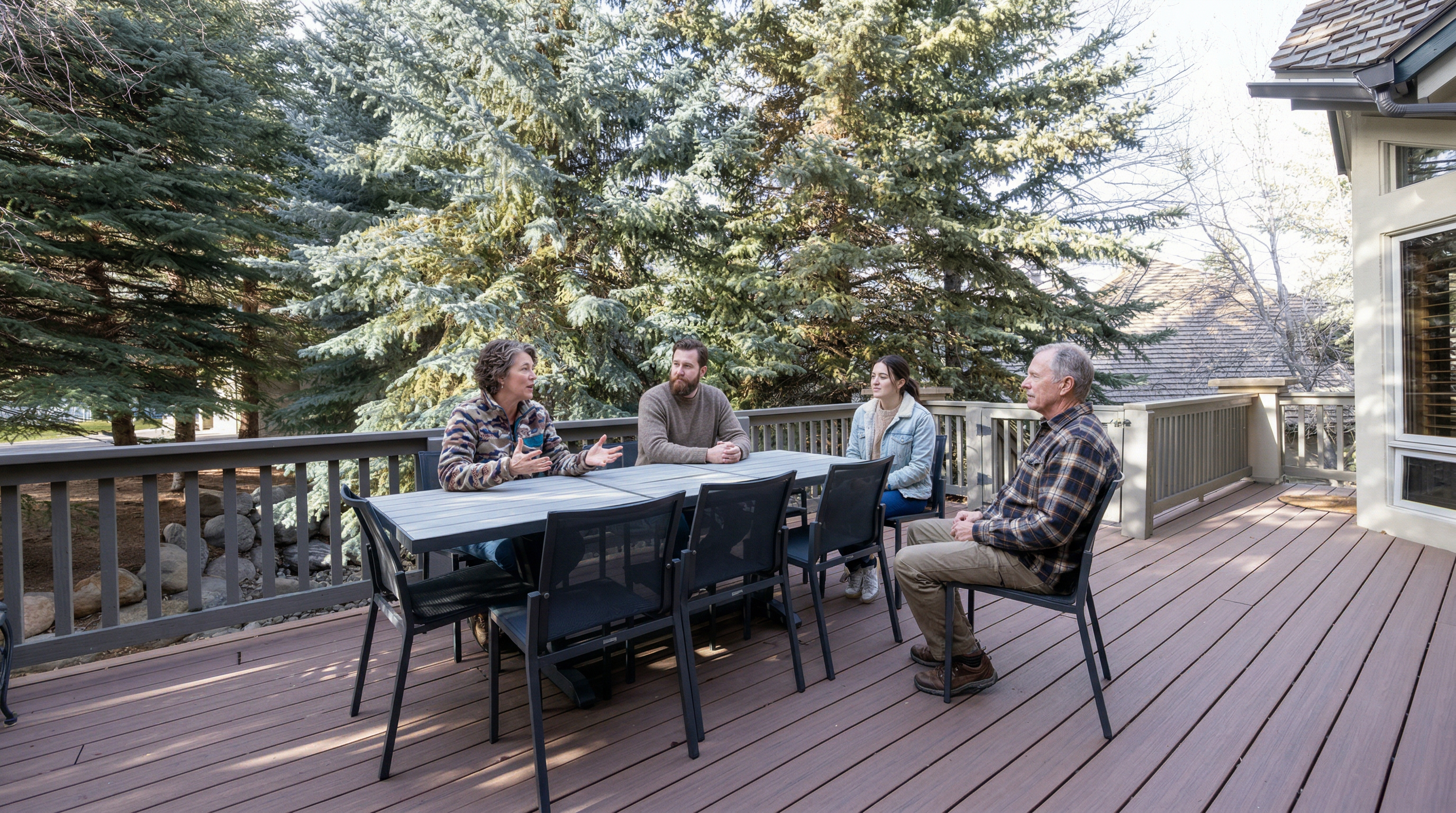 This spacious, elevated wooden deck features a large dining table set with six modern black chairs, perfect for outdoor entertaining. The deck is framed by a sturdy railing and overlooks a lush, dense forest of tall evergreen trees, providing a serene and private atmosphere. The perspective captures the inviting outdoor living space from a slightly elevated angle, highlighting the seamless transition between the home's architecture and the natural surroundings.