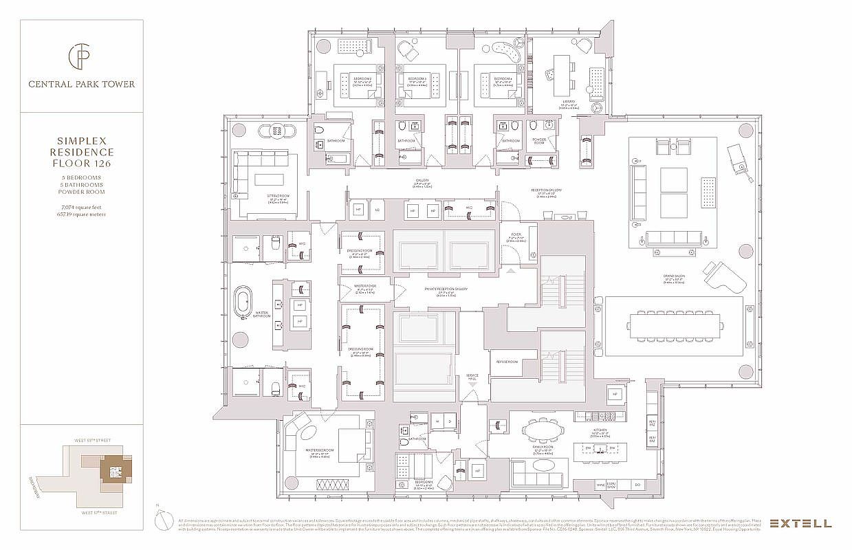 This image is a detailed architectural floor plan for a luxury simplex residence on the 126th floor of Central Park Tower. The layout showcases an expansive 7,074-square-foot space featuring five bedrooms, five bathrooms, a grand salon, a library, and a formal dining room. The top-down perspective provides a clear overview of the sophisticated flow, including private reception galleries, dressing rooms, and service areas, highlighting the high-end, spacious design of the residence.