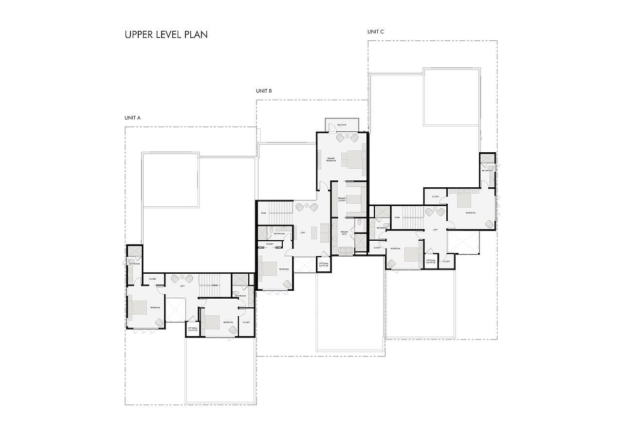 This image displays an architectural floor plan for the upper level of a multi-unit residential building, labeled as Units A, B, and C. The layout illustrates the spatial arrangement of bedrooms, bathrooms, closets, lofts, and optional elevator locations for each unit. The technical drawing provides a clear, top-down perspective of the floor configuration, highlighting the structural boundaries and room placements.