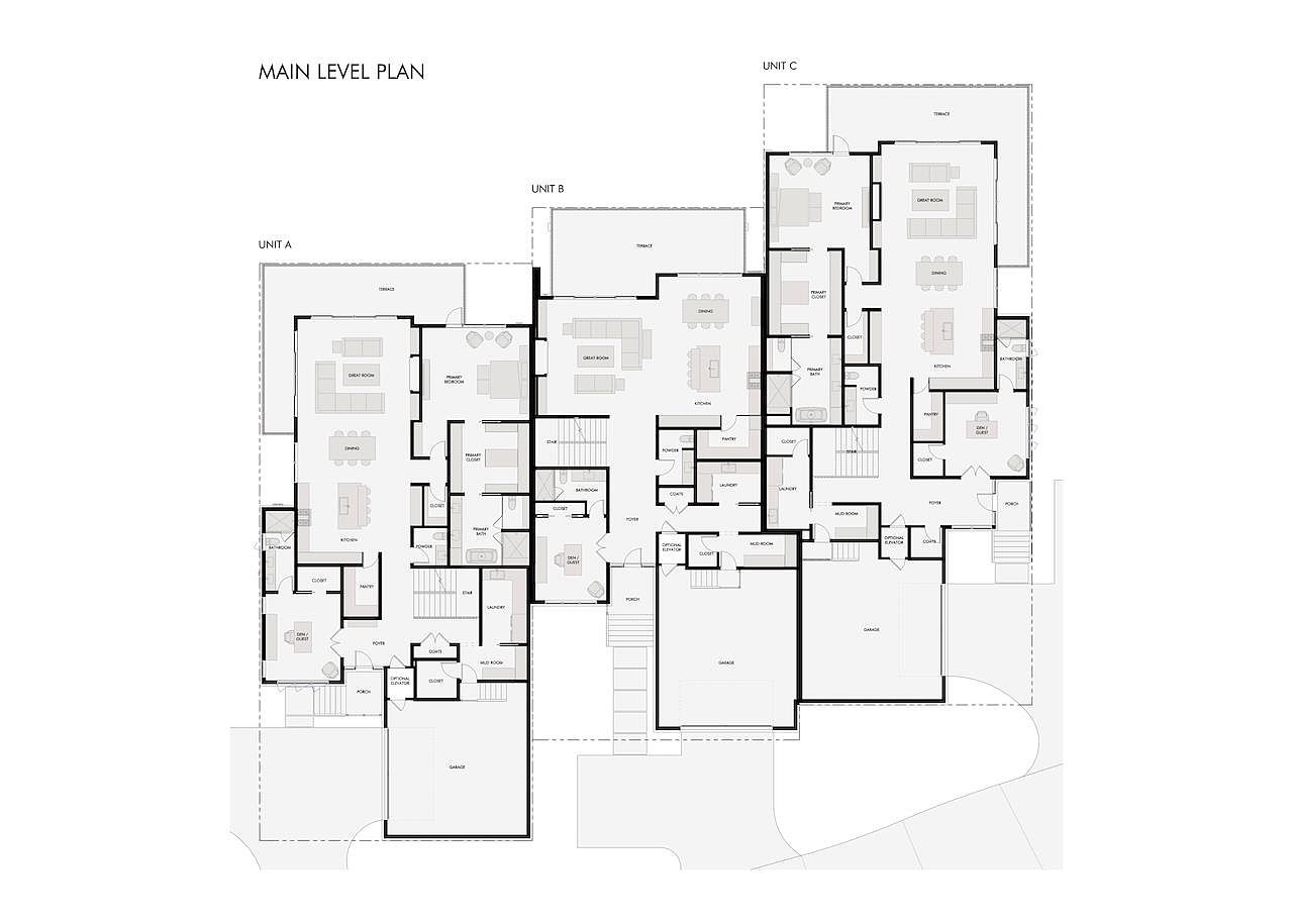 This image is a detailed architectural floor plan for the main level of a multi-unit residential building, labeled as Units A, B, and C. The layout illustrates the spatial arrangement of various rooms, including primary bedrooms, great rooms, kitchens, garages, and outdoor terraces for each unit. The technical drawing provides a clear, top-down perspective of the structural design and flow of the living spaces.