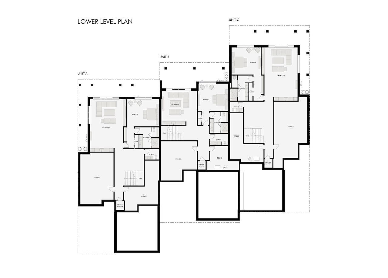 This image displays a detailed architectural floor plan for the lower level of a multi-unit residential building, labeled as Units A, B, and C. The layout illustrates the spatial arrangement of recreation rooms, bedrooms, bathrooms, storage areas, and optional elevator locations for each unit. The technical drawing provides a clear top-down perspective of the structural footprint and interior partitioning.