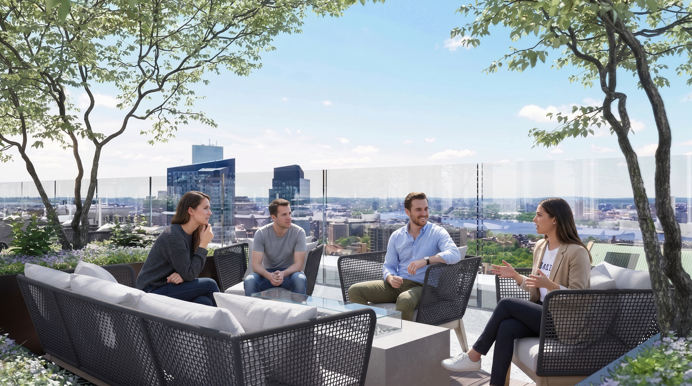 This high-end rooftop terrace offers a sophisticated outdoor living space with modern, dark-wicker lounge furniture arranged around a central fire pit. The area is framed by lush trees and a sleek glass railing, providing an unobstructed, panoramic view of the city skyline and a nearby river. The atmosphere is elegant and serene, perfect for upscale urban entertaining.