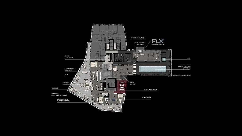 This image presents a detailed architectural floor plan of a luxury building's amenity level, showcasing a comprehensive layout of shared spaces. Key features include a 75-foot indoor lap pool, a fitness center, a yoga studio, a screening room, a game room, and a commercial kitchen with a lounge and terrace. The overhead perspective provides a clear, organized view of the facility's flow, highlighting a sophisticated and well-appointed lifestyle environment.