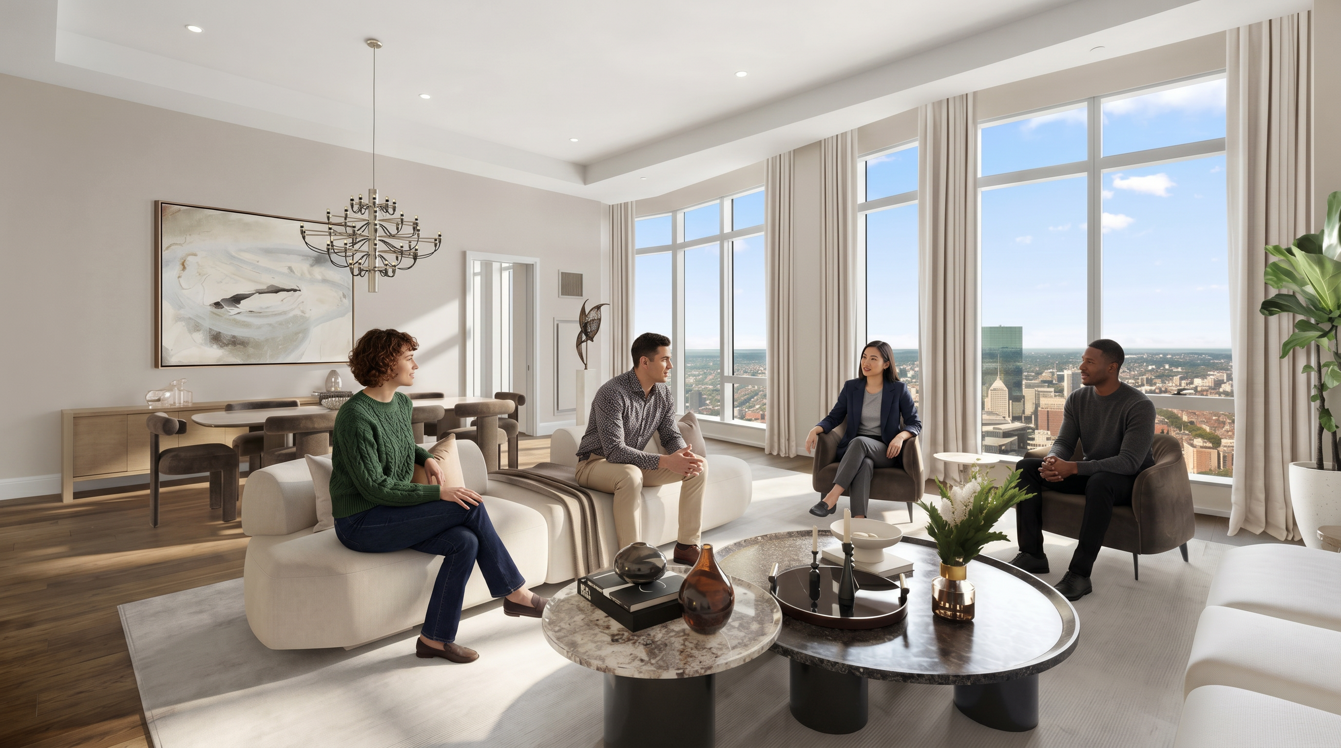 This sophisticated, open-concept living and dining area features floor-to-ceiling windows that offer a breathtaking panoramic view of the city skyline. The space is elegantly furnished with a curved cream sofa, plush velvet armchairs, and a dual-tiered stone coffee table, all anchored by a neutral-toned area rug. A modern chandelier hangs above the dining table, creating a luxurious and airy atmosphere perfect for high-end urban living.