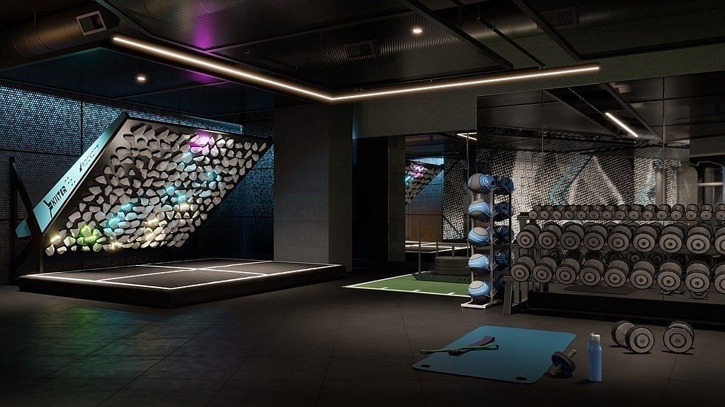 This modern, high-end home gym features a professional-grade Kilter climbing wall with integrated LED lighting as its centerpiece. The space is equipped with a rack of dumbbells, a medicine ball stand, and a yoga mat, all set against a sleek, dark industrial aesthetic with mirrored walls. The cinematic perspective captures the gym's sophisticated atmosphere, highlighting its versatility for both strength training and climbing workouts.