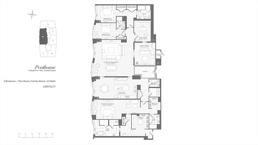 This image is a detailed architectural floor plan for a luxury penthouse unit, showcasing a spacious 3-bedroom plus flex room layout spanning 4,659 square feet. The diagram illustrates the precise arrangement of living areas, including a large kitchen, family room, primary bedroom suite with dual walk-in closets and bathrooms, and multiple guest bedrooms. The top-down perspective provides a clear, technical overview of the unit's flow and spatial organization within the building's floor plan.