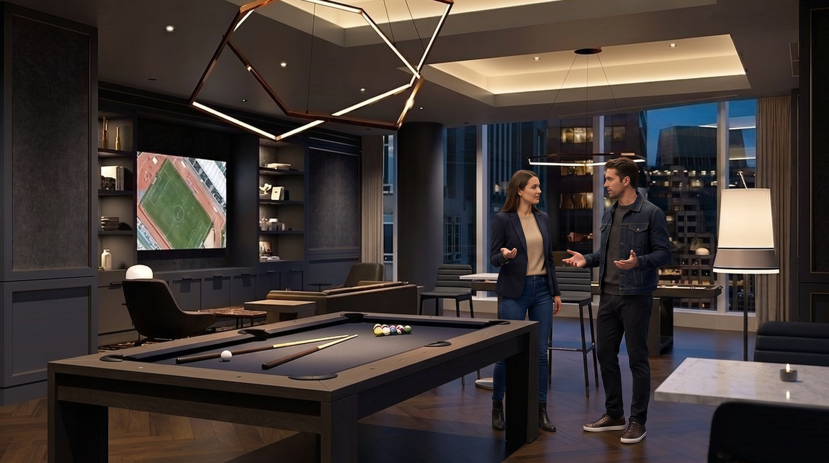 This sophisticated, modern lounge area serves as a high-end community amenity, featuring a professional-grade pool table as the central focal point. The space is elegantly designed with dark, moody tones, geometric pendant lighting, and floor-to-ceiling windows that offer a stunning urban skyline view at dusk. A media wall with a large television and comfortable seating areas create an inviting atmosphere for social gatherings and relaxation.