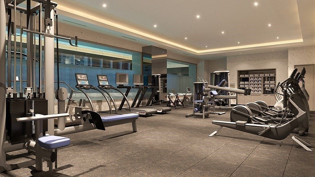 This professional-grade home gym features a spacious, open layout equipped with a variety of modern cardio machines, including treadmills and elliptical trainers. The room is illuminated by recessed ceiling lights and features a sleek, minimalist aesthetic with neutral-toned walls and durable flooring. A large mirror wall enhances the sense of space, while a built-in storage unit provides organized shelving for towels and gym accessories.