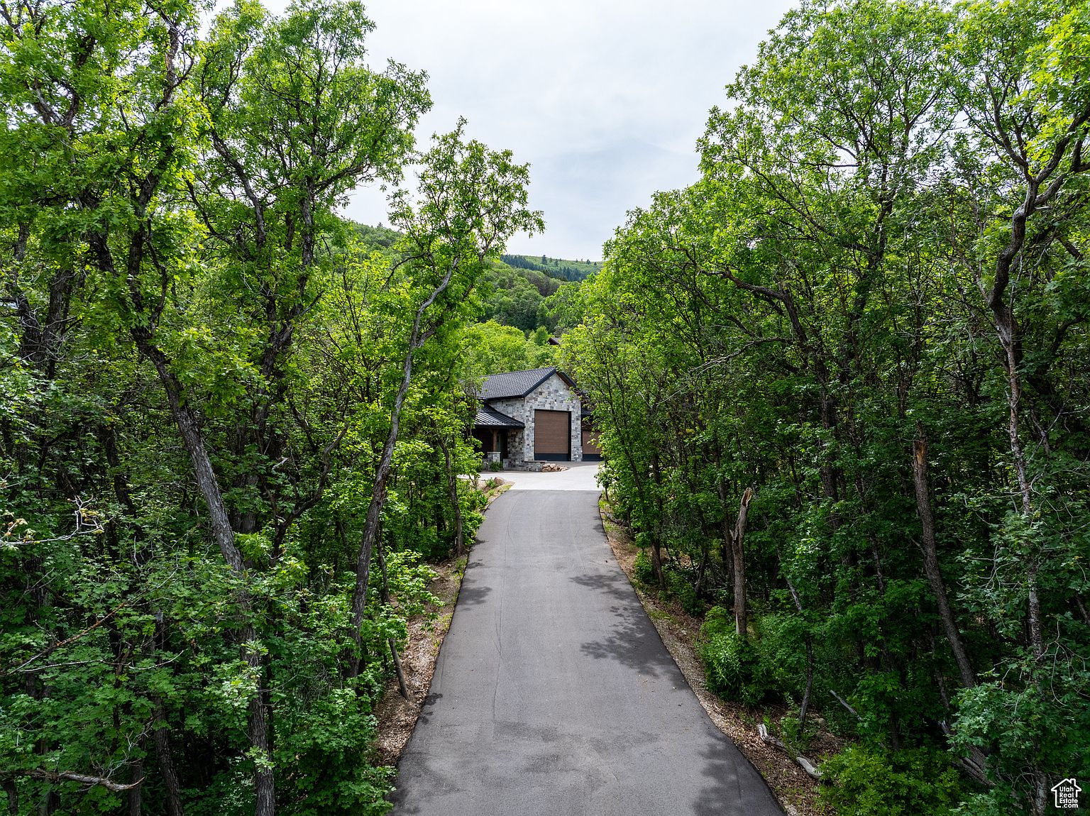 This aerial view showcases a secluded home nestled amidst lush greenery. A long, paved driveway leads to the stone-clad house, which features a prominent garage. The surrounding trees create a sense of privacy and tranquility, highlighting the property's natural setting.