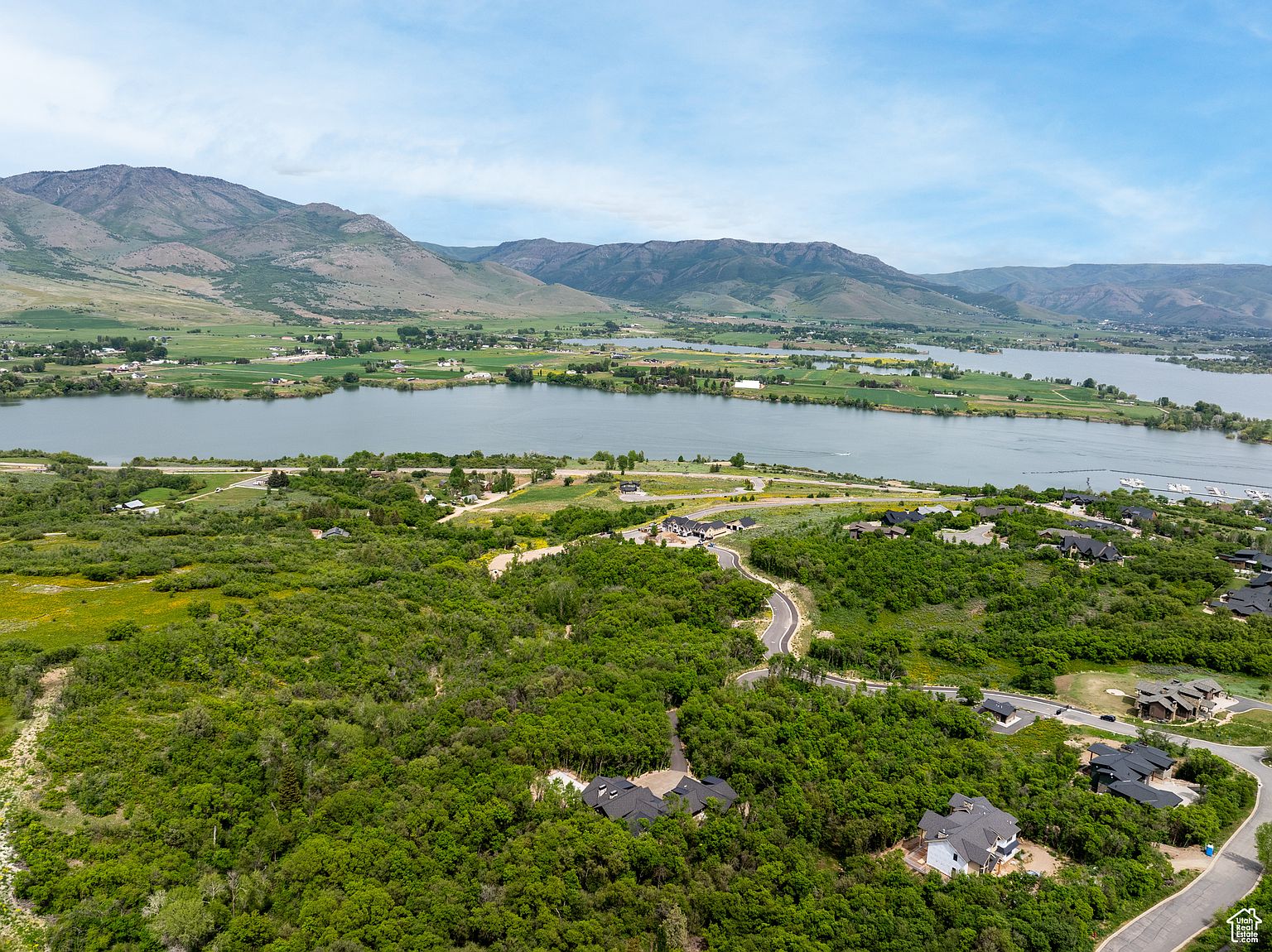 This aerial shot showcases a luxurious residential area nestled amidst lush greenery and a serene lake. Several upscale homes with dark roofs are visible, surrounded by dense trees and winding roads. The backdrop features majestic mountains under a clear blue sky, creating a picturesque and desirable setting.