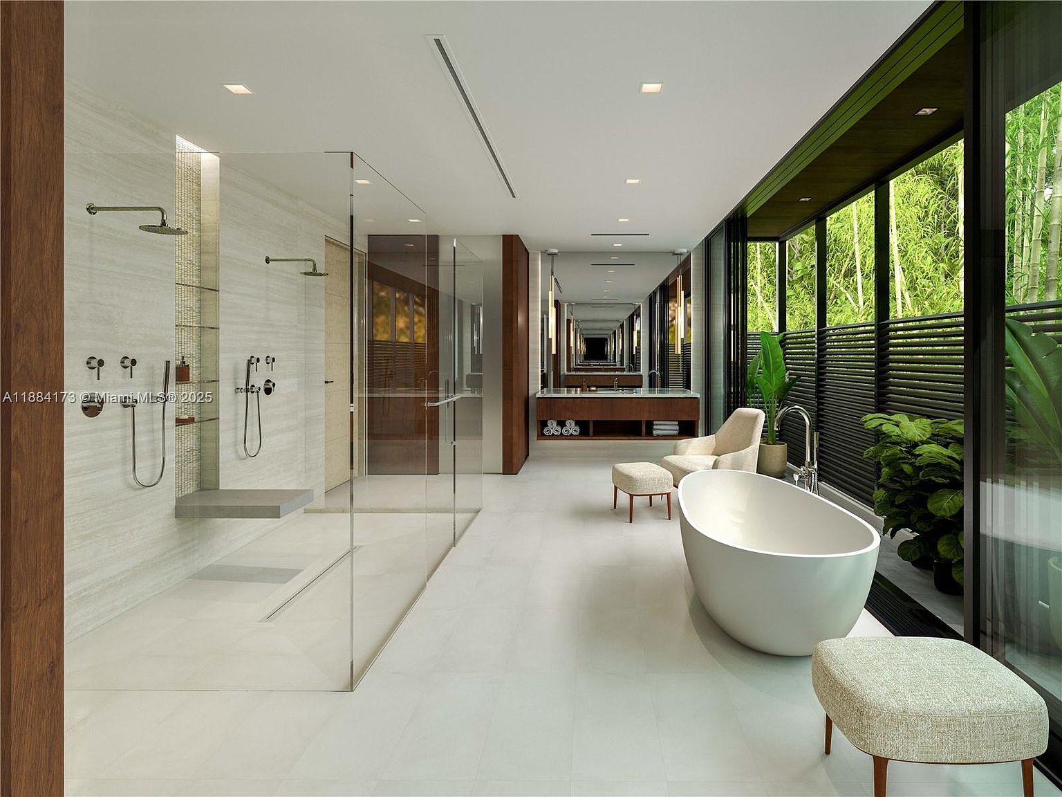 This is a luxurious primary bathroom featuring a glass-enclosed shower with dual shower heads and a built-in bench. A freestanding bathtub sits near a large window offering a view of lush greenery, complemented by a modern vanity with a large mirror. The space is bright and airy, with a clean, contemporary design.
