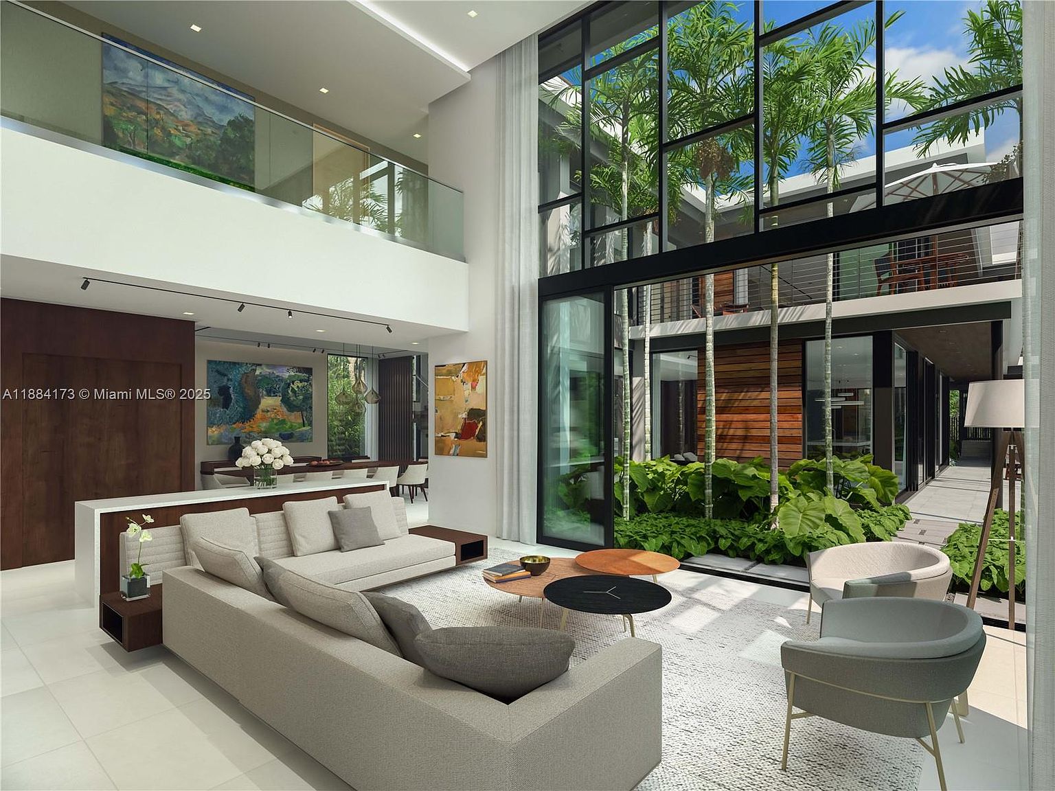 This is a spacious and modern living room with high ceilings and floor-to-ceiling windows that offer a view of a lush courtyard. The room features a neutral color palette with comfortable seating arrangements, including a large sofa and two armchairs. The open floor plan seamlessly connects the living area to the dining space, creating an inviting and airy atmosphere.