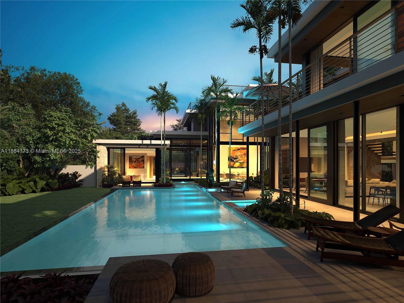 This image showcases a luxurious modern home with a stunning pool area at dusk. The pool, illuminated with blue lights, stretches between the main house and a guest house, reflecting the sky. Palm trees line the property, and lounge chairs invite relaxation by the water, creating an inviting outdoor oasis.