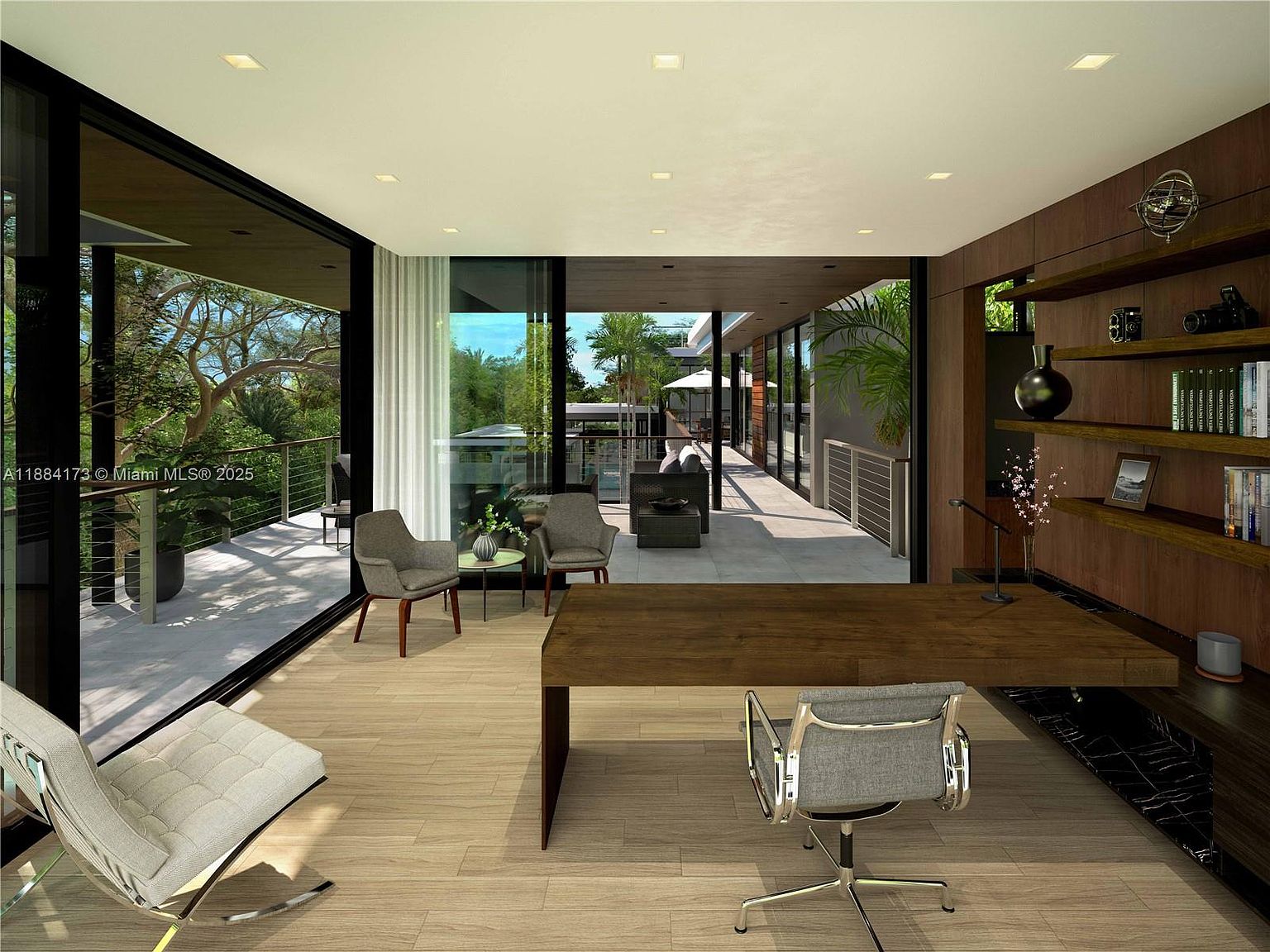 This is a modern office space featuring a large wooden desk, a comfortable office chair, and a built-in bookshelf. The room has large windows that offer a view of the outdoor patio and greenery, creating a bright and airy atmosphere. The design is sleek and contemporary, perfect for a professional workspace.