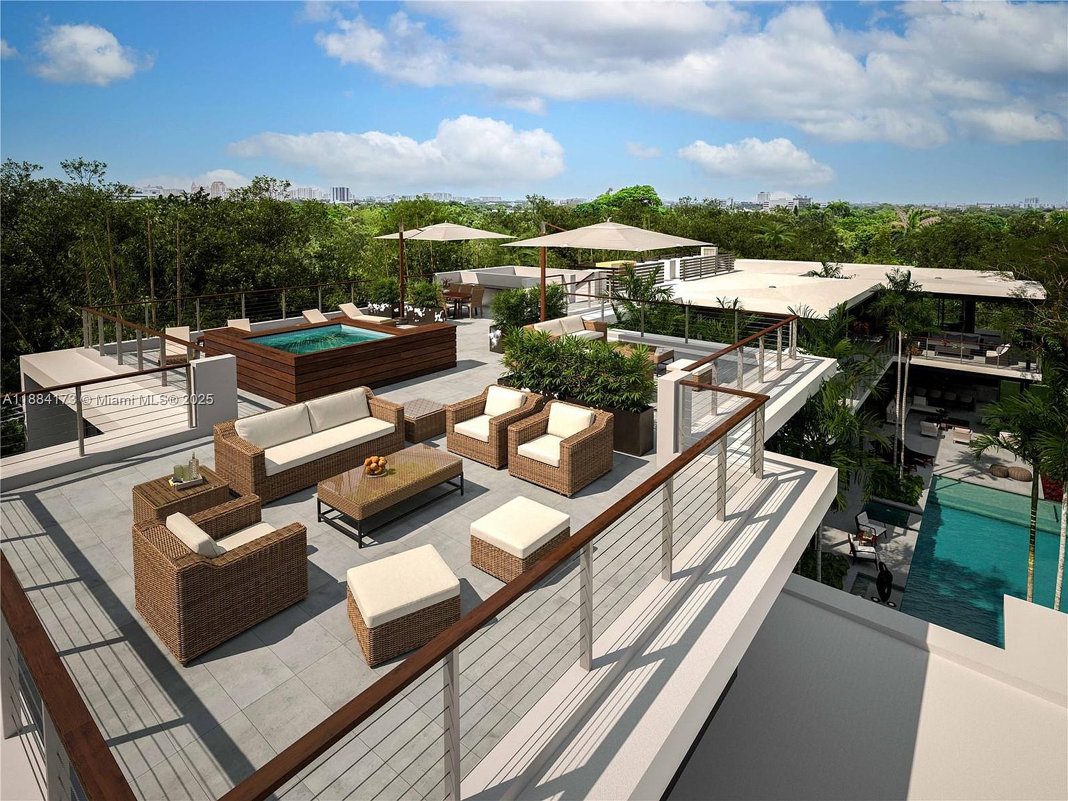 This image showcases a luxurious rooftop patio/deck area, featuring stylish wicker furniture with cream cushions, a wooden hot tub, and modern railings. The space is designed for relaxation and entertainment, offering a sophisticated outdoor living experience with views of the surrounding greenery and cityscape. The overall impression is one of upscale comfort and contemporary design.