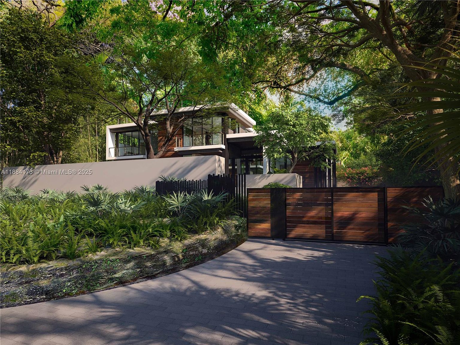 This image showcases the front exterior of a modern home, emphasizing its architectural design and integration with the surrounding landscape. A gated entrance and a partial view of the house are visible behind lush greenery, suggesting privacy and a connection to nature. The driveway leads to the property, hinting at a well-maintained and inviting residence.