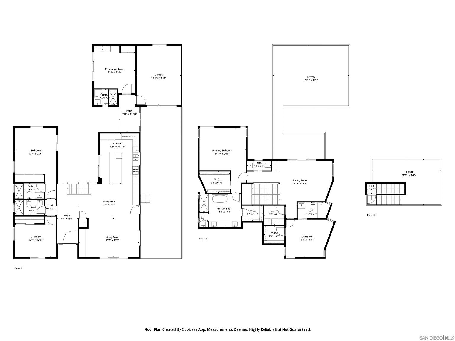 This image presents a detailed floor plan of a multi-story house, including dimensions for each room. The layout encompasses living spaces like the living room, dining area, kitchen, bedrooms, bathrooms, and additional areas such as a recreation room, garage, patio, terrace, and rooftop. The floor plan provides a comprehensive overview of the property's spatial arrangement and room sizes.
