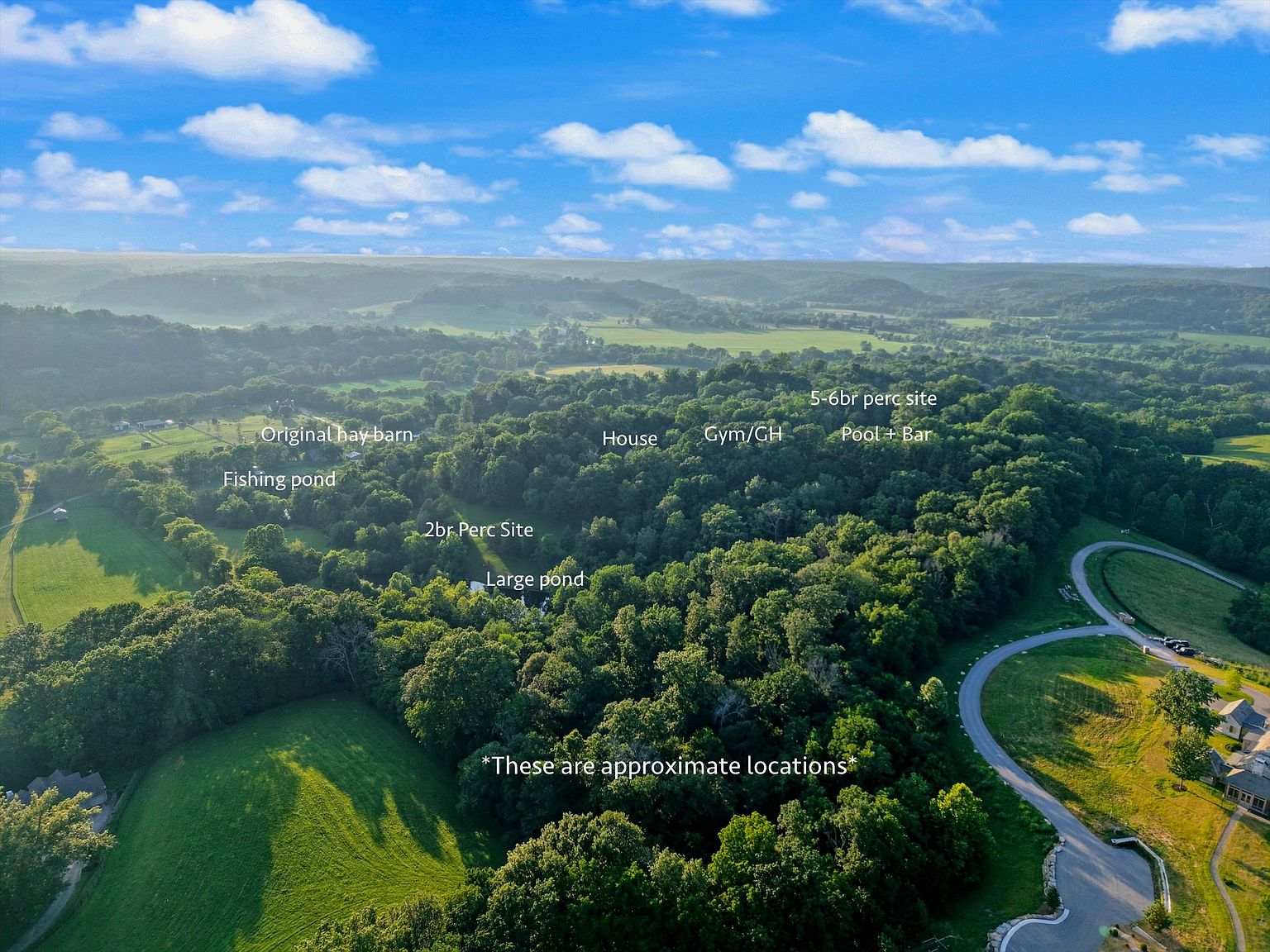 This aerial view showcases a sprawling property with diverse features, including a house, gym/GH, pool and bar area, fishing pond, and a large pond. The landscape includes wooded areas and open fields, suggesting ample space and privacy. The image highlights the potential for various outdoor activities and the overall tranquility of the location.