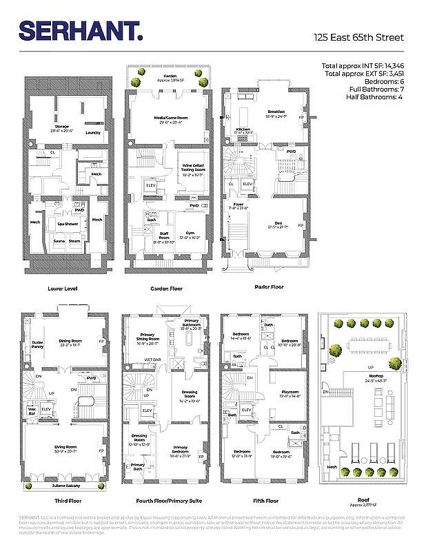 This image presents a detailed floor plan of a multi-story townhouse, showcasing the layout of each level from the lower level to the roof. The plan includes various rooms such as living areas, bedrooms, bathrooms, a kitchen, a media room, and outdoor spaces like a garden and rooftop terrace, providing a comprehensive view of the property's spatial arrangement.
