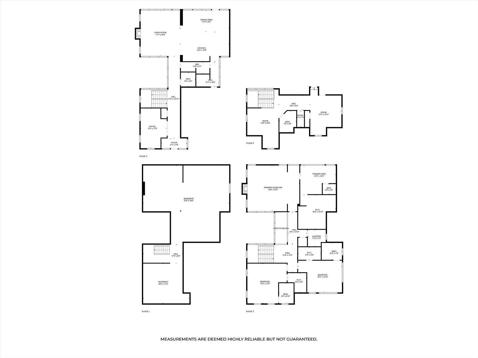 This image presents a detailed floor plan of a multi-level house, including the basement, first floor, second floor, and fourth floor. The layout showcases various rooms such as the living room, dining area, kitchen, bedrooms, bathrooms, and basement, providing a comprehensive view of the property's structure and spatial arrangement. The floor plan is designed to give potential buyers a clear understanding of the home's layout and room dimensions.