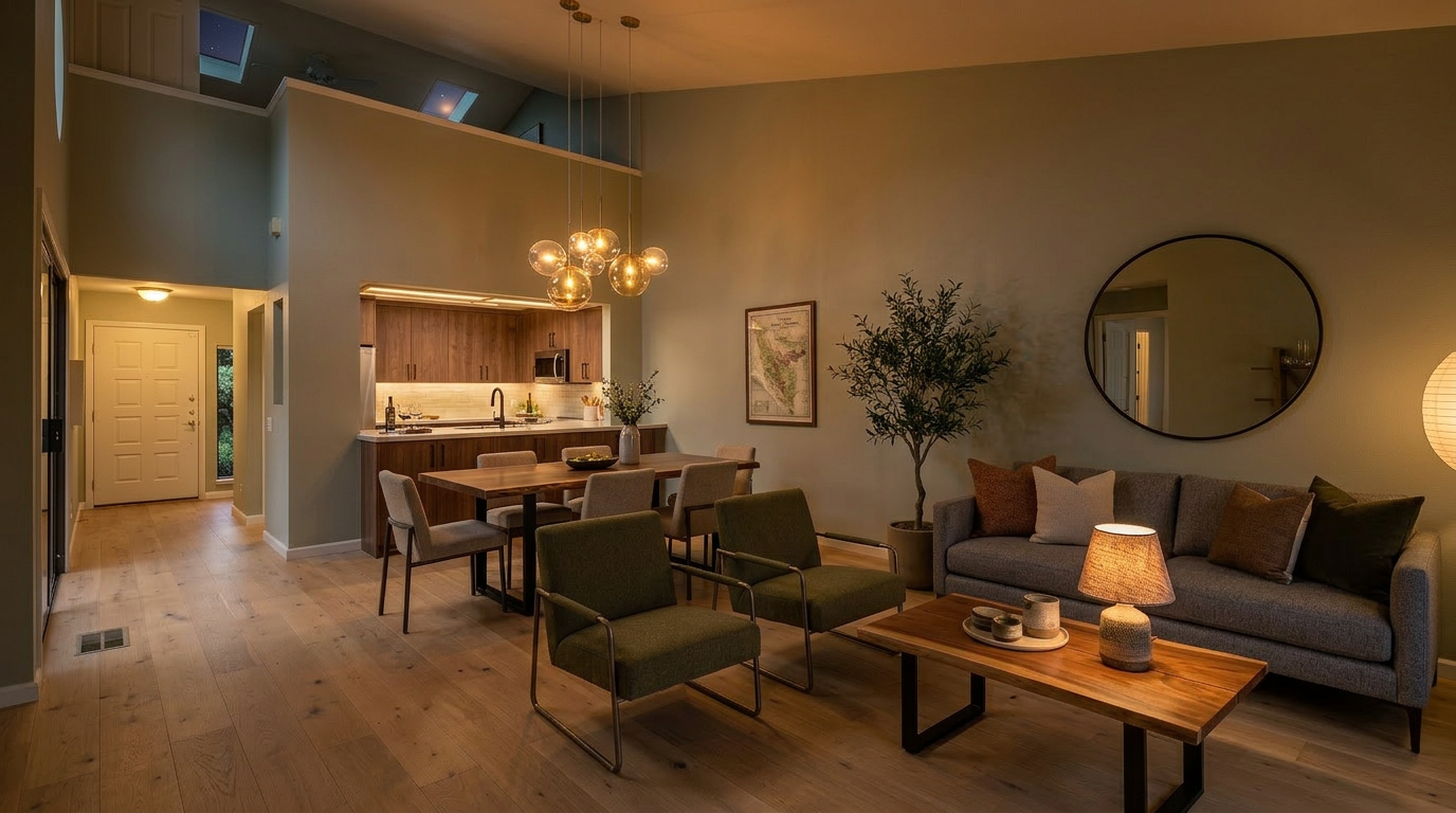 This open-concept living and dining area features a warm, contemporary aesthetic with hardwood flooring and sophisticated earth-toned decor. The space boasts soaring ceilings, an inviting seating area with a plush grey sofa, and a well-integrated kitchen with warm wood cabinetry. It is illuminated by stylish pendant globe lighting and cozy accent lamps, creating an airy yet intimate and welcoming atmosphere.