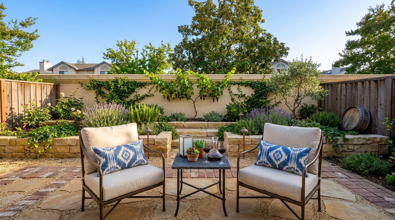 This charming outdoor patio space features natural stone pavers, a symmetrical seating arrangement with comfortable armchairs, and a small side table holding wine glasses. The area is framed by beautifully landscaped tiered garden beds built with sandstone retaining walls, mature greenery, and a vine-covered stucco wall. The overall ambiance is tranquil and sophisticated, perfect for intimate outdoor relaxation or entertaining.