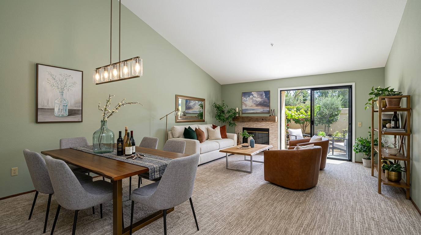 This open-concept floor plan seamlessly integrates a dining area and a comfortable living space with vaulted ceilings for an airy feel. The living room features a fireplace with a natural stone surround and wood mantel, complemented by a soft, cohesive color palette reflected in the wall paint and furnishings. Large sliding glass doors lead to a patio, allowing for abundant natural light and effortless indoor-outdoor flow.