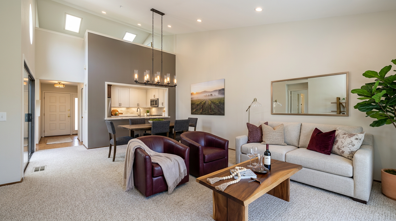 This inviting, open-concept living space features neutral-toned carpet and a light-filled ambiance thanks to vaulted ceilings and multiple skylights. The room is anchored by a cozy seating area including a beige sofa, two deep red leather armchairs, and a natural wood coffee table, while a dining area with a pass-through to the kitchen sits adjacent. Boasting both a warm, comfortable aesthetic and a convenient layout, this room is perfect for both daily relaxation and hosting guests.