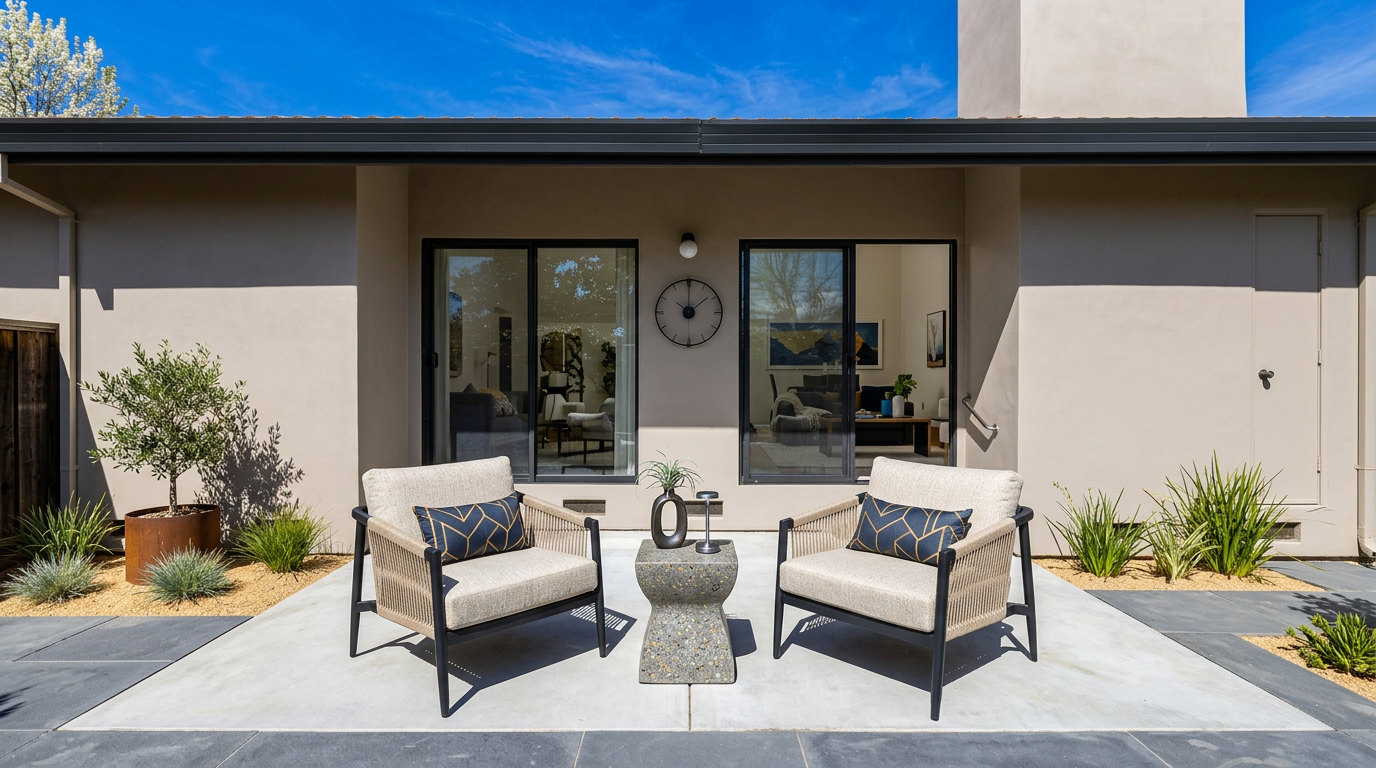 This modern, minimalist patio features two contemporary armchairs with plush cushions and decorative geometric pillows, paired with a unique concrete pedestal side table. The space is set on a clean concrete slab surrounded by manicured landscaping, with floor-to-ceiling glass sliding doors providing a seamless transition into the home's interior. The overall aesthetic is serene and sophisticated, highlighting an inviting outdoor living area perfect for relaxation.