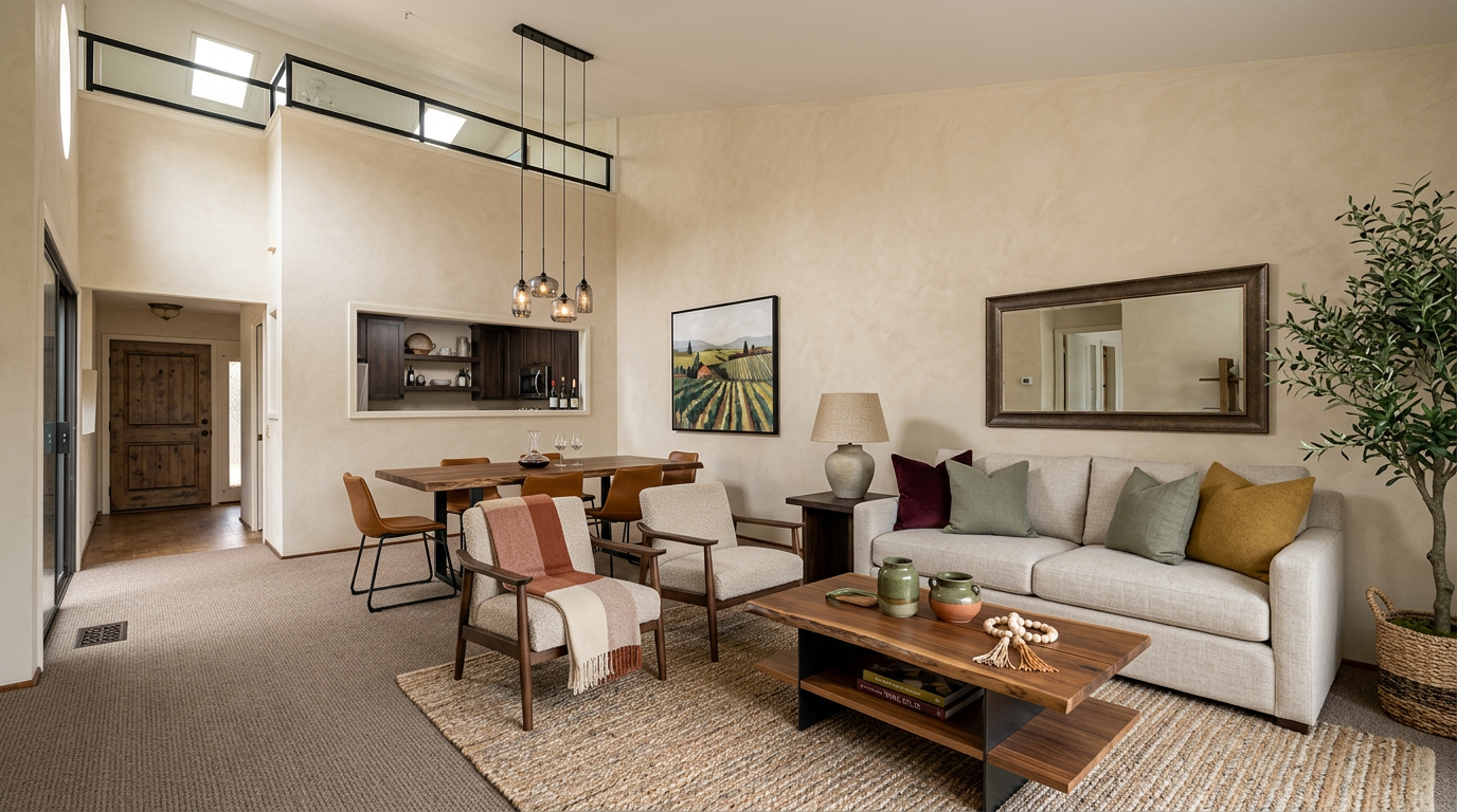 This living room features an inviting, open-concept layout with neutral tones, soft textures, and warm wooden accents that create a cohesive and comfortable atmosphere. Key highlights include live-edge wood furniture, a well-lit dining area visible through a pass-through window, and expansive ceilings with clerestory windows that enhance the sense of space. The blend of modern design elements and earth-toned decor makes the room feel both sophisticated and welcoming.