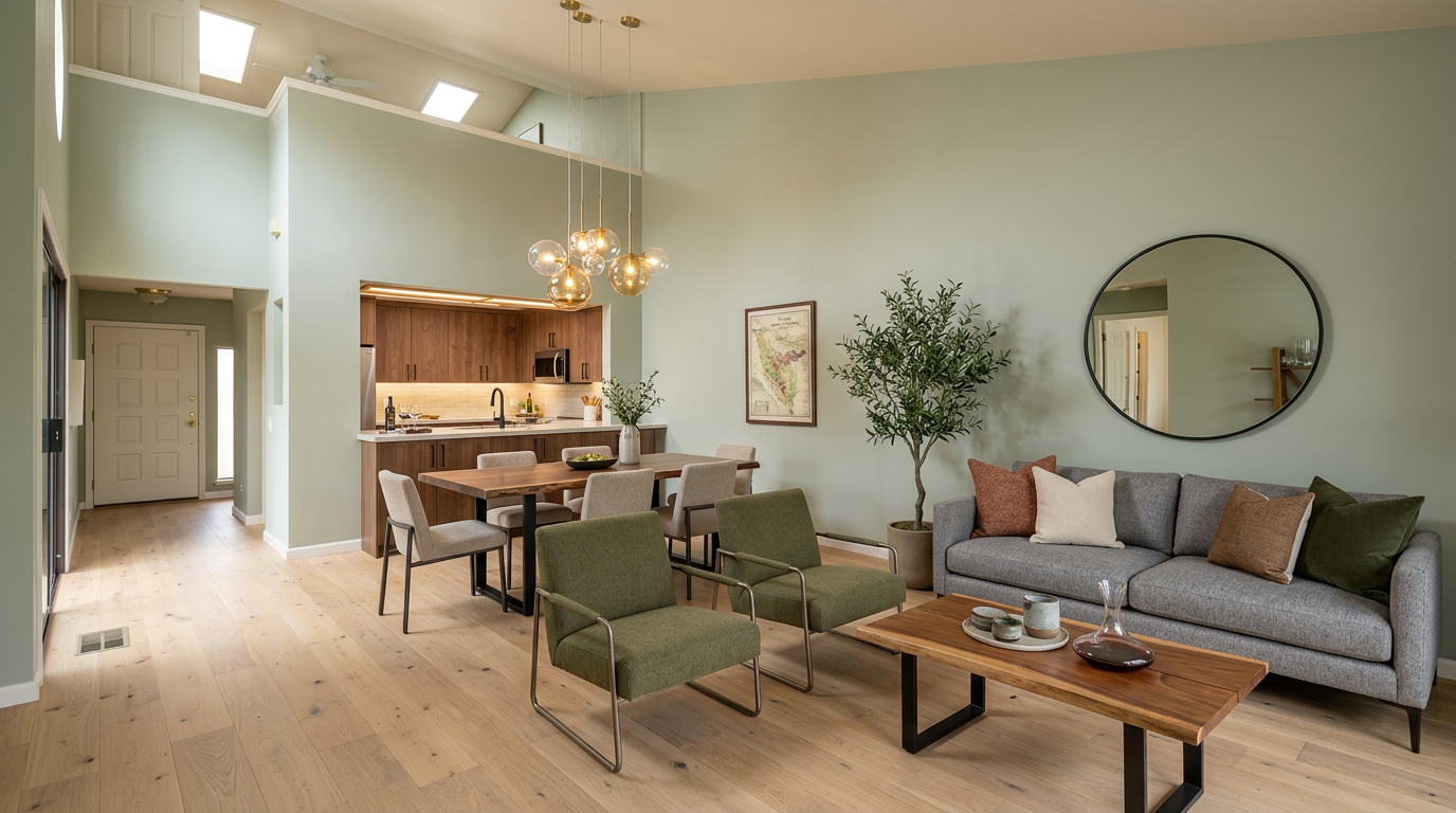 This open-concept living space features a modern dining area and kitchen integrated into a spacious living room with soft sage-colored walls and light wood flooring. Key highlights include a stylish live-edge coffee table, a contemporary gray sofa adorned with decorative pillows, and a large round mirror that enhances the room's airy, elevated feel. The area is illuminated by warm, sophisticated pendant lighting and abundant natural light from high-pitched skylights, creating a welcoming and cohesive atmosphere.