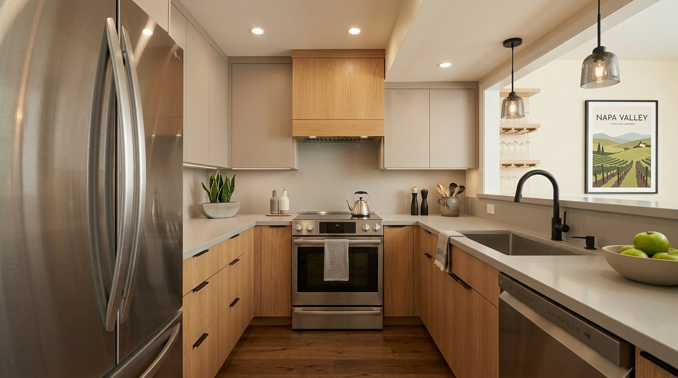 This modern kitchen features a balanced blend of light wood cabinetry and sleek matte beige uppers, creating an airy, contemporary aesthetic. The space is equipped with high-end stainless steel appliances, a minimalist tiled backsplash, and stone countertops, complemented by trendy pendant lighting and warm wood flooring. A pass-through window area with bar seating opens the kitchen to the adjacent space, making it both functional and ideal for socializing.