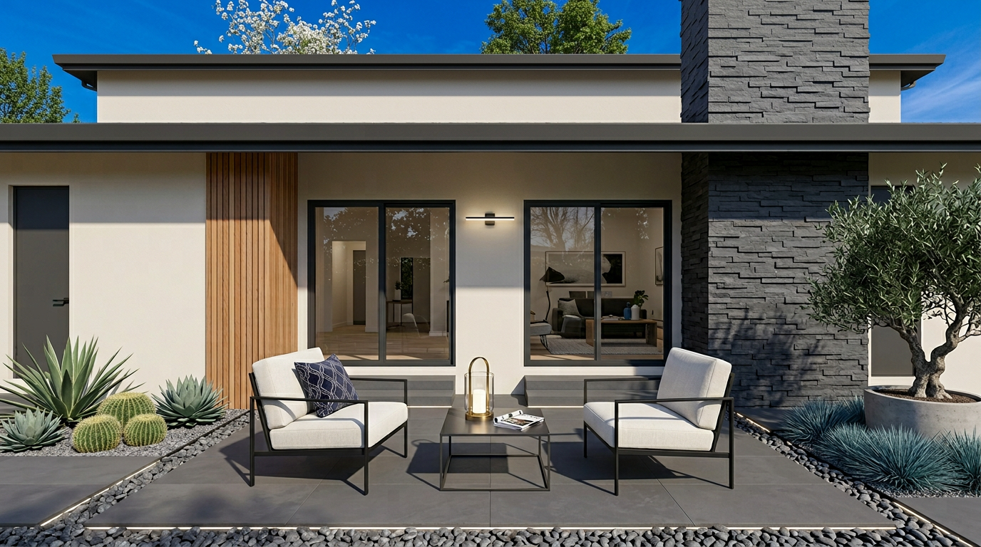 This modern patio space features clean lines, tiled flooring, and a sleek fire-pit seating arrangement, perfect for outdoor relaxation. The exterior elevation shows a sophisticated combination of smooth stucco, vertical wood siding, and stacked stone accents. Large sliding glass doors provide a seamless indoor-outdoor transition, complemented by contemporary landscape elements like agave and olive trees.