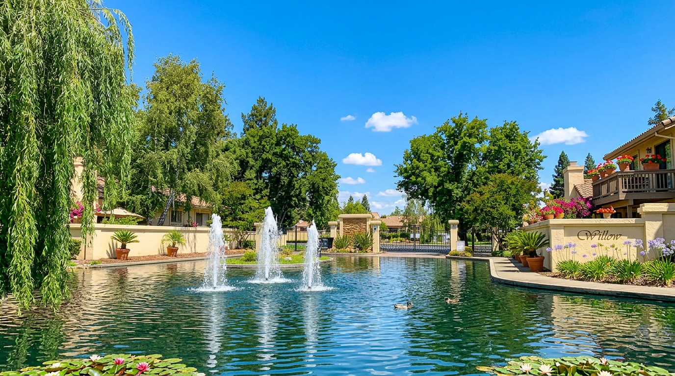 This peaceful community water feature showcases three elegant fountains set in a reflecting pond, surrounded by landscaped gardens and willow trees. The scene includes a decorative stone wall and a charming bridge entrance, creating a welcoming and sophisticated atmosphere for residents. The well-maintained grounds and bright blue sky enhance the overall appeal, highlighting the serene lifestyle offered by this community setting.