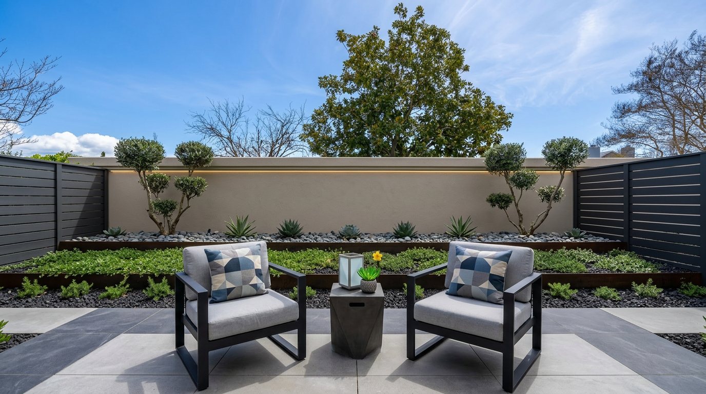 This tranquil modern patio features two sleek armchairs with geometric patterned cushions centered around a sculptural side table. The space is beautifully landscaped with a layered garden featuring neatly pruned trees, agave plants, and groundcover against a clean, minimalist wall with integrated accent lighting. The overall aesthetic is one of refined, contemporary outdoor living.