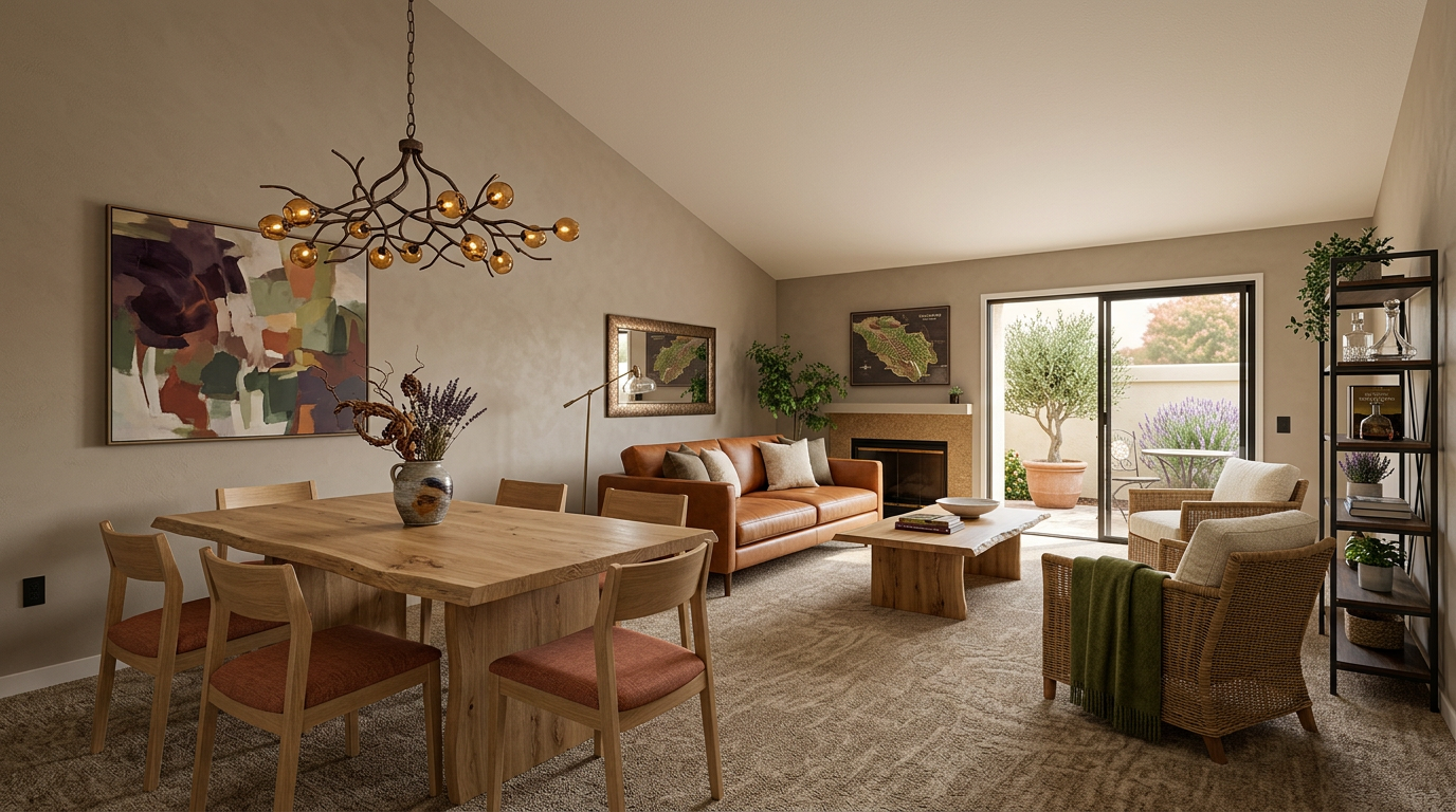 This open-concept main living area features a warm, modern farmhouse aesthetic with a dining space and a cozy seating area. The room is anchored by a natural wood dining table and a leather sofa, with a fireplace serving as a central focal point. Large sliding glass doors provide a seamless transition to a private garden patio, ensuring the space is bright and inviting for both relaxation and entertaining.