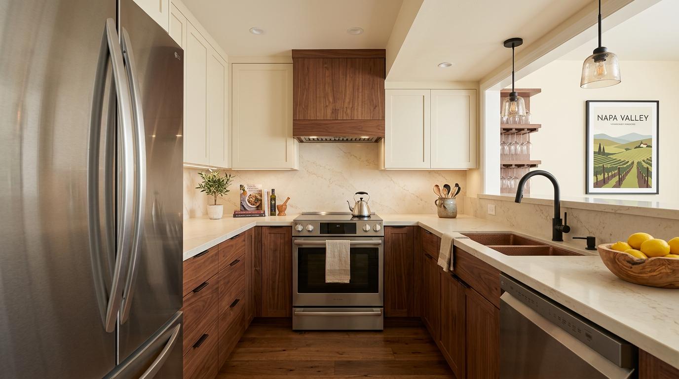 This sleek, modern kitchen features a two-tone design with warm walnut lower cabinets and clean white upper cabinetry. It is fully equipped with stainless steel appliances, a copper-finish farmhouse sink, and elegant quartz countertops. The space is well-lit by pendant lighting and includes a charming bar area and a 'Napa Valley' art piece, creating a stylish and inviting culinary environment.
